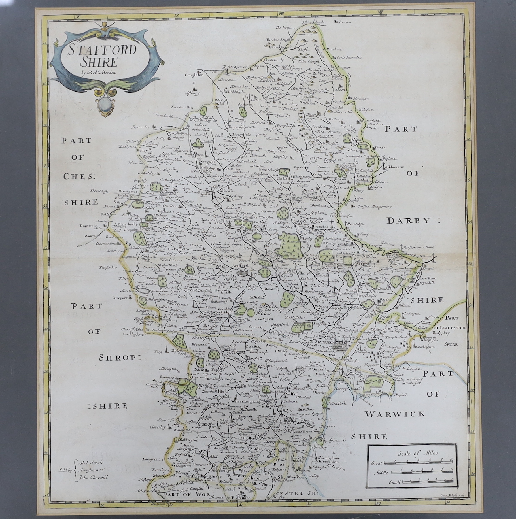 Robert Morden (1650-1703) five antique hand coloured maps, comprising Sussex, Monmouthshire, Staffordshire, Gloucestershire and Derbyshire, 35 x 42cm